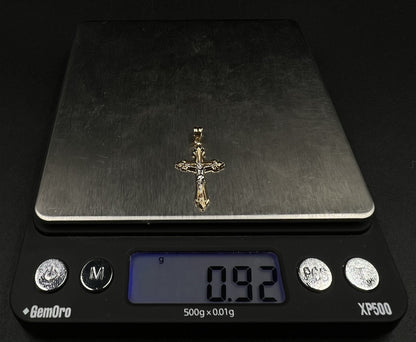 .61” x 1.17” 14K Solid Two-Tone Gold Crucifix Pendant | .91g | 3.5mm Bail |