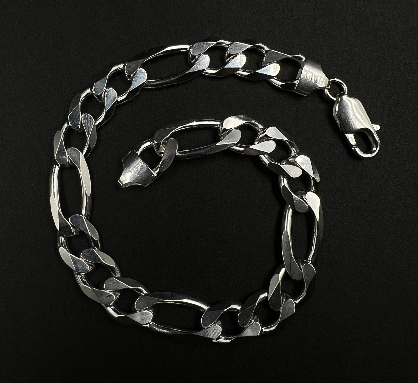 9” 925 Solid Sterling Silver Diamond Cut Figaro Bracelet 25.07g | 9.2mm | Italy