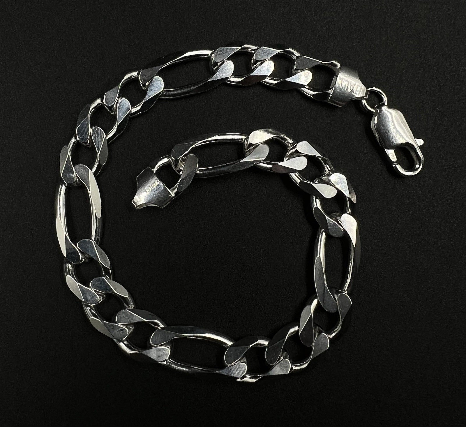 9” 925 Solid Sterling Silver Diamond Cut Figaro Bracelet 25.07g | 9.2mm | Italy