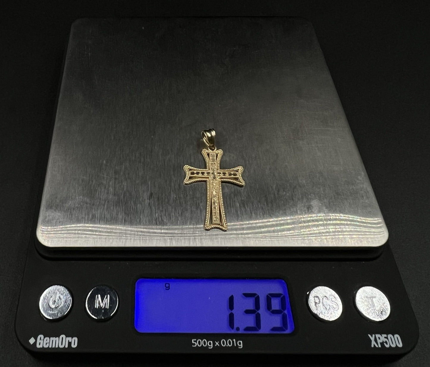 .73” x 1.32” 10K Semi-Solid Yellow Gold Diamond Cut Cross Pendant | 1.37g | 4MM