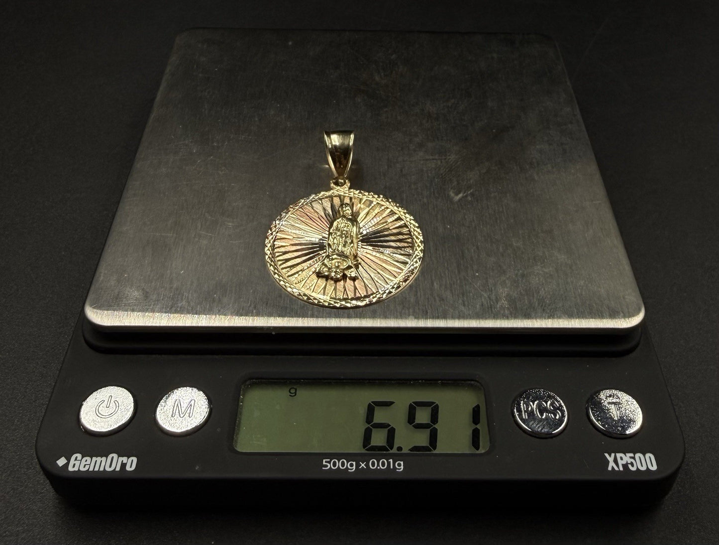 1.18” 14K Solid Tri-Tone Gold Virgin Mary Medallion Pendant | 6.91g | 6.8mm Bail
