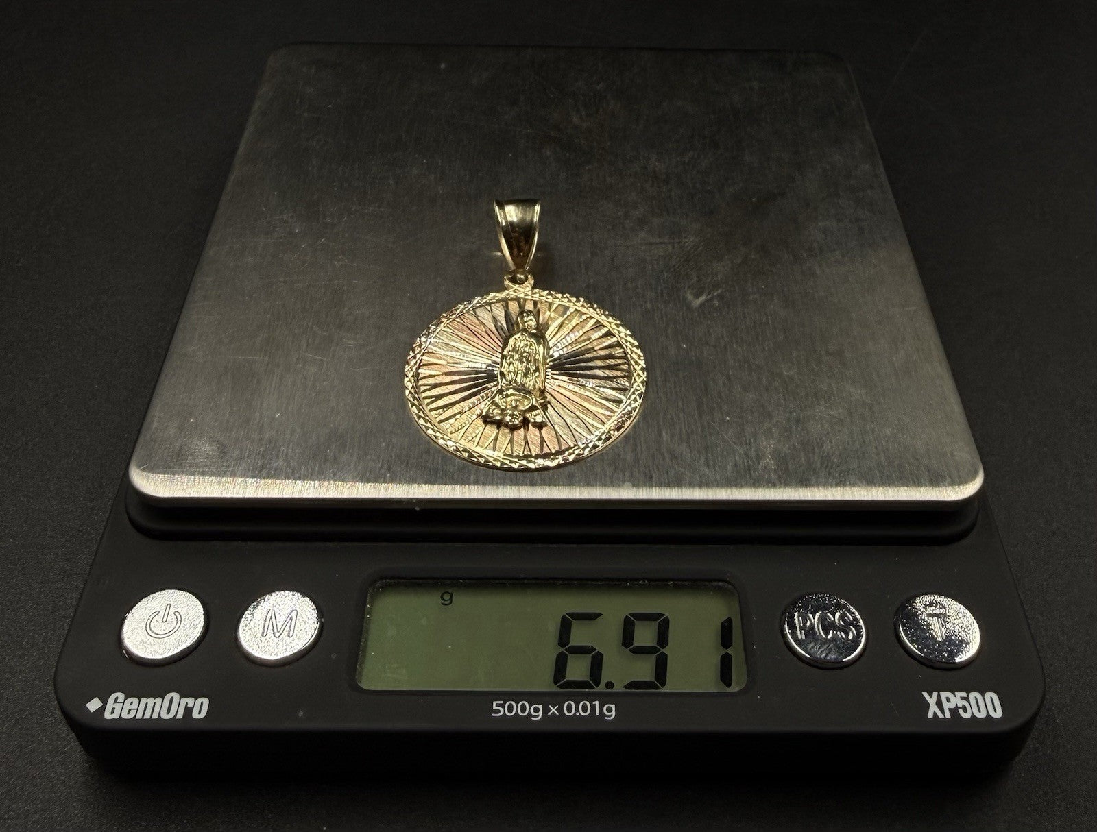 1.18” 14K Solid Tri-Tone Gold Virgin Mary Medallion Pendant | 6.91g | 6.8mm Bail