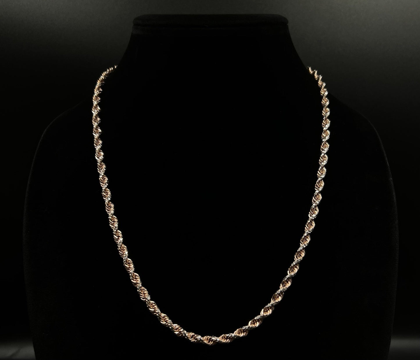 22” 14K Solid Rose Gold Two-Tone Diamond Cut Rope Chain 44.22g | 4.5mm | Lobster