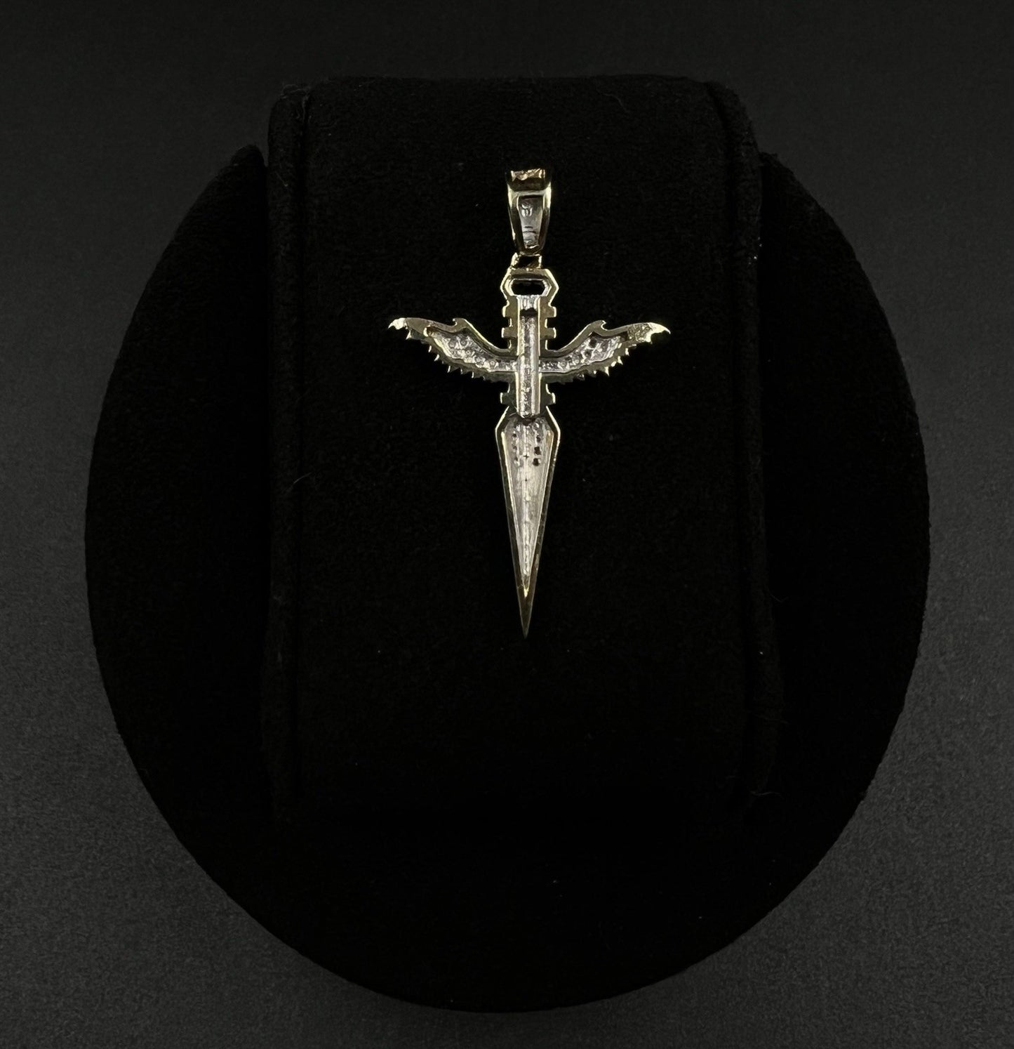 .93” x 1.5” 10K Solid Yellow Gold Natural Diamond Winged Dagger Pendant 3g 4.4MM