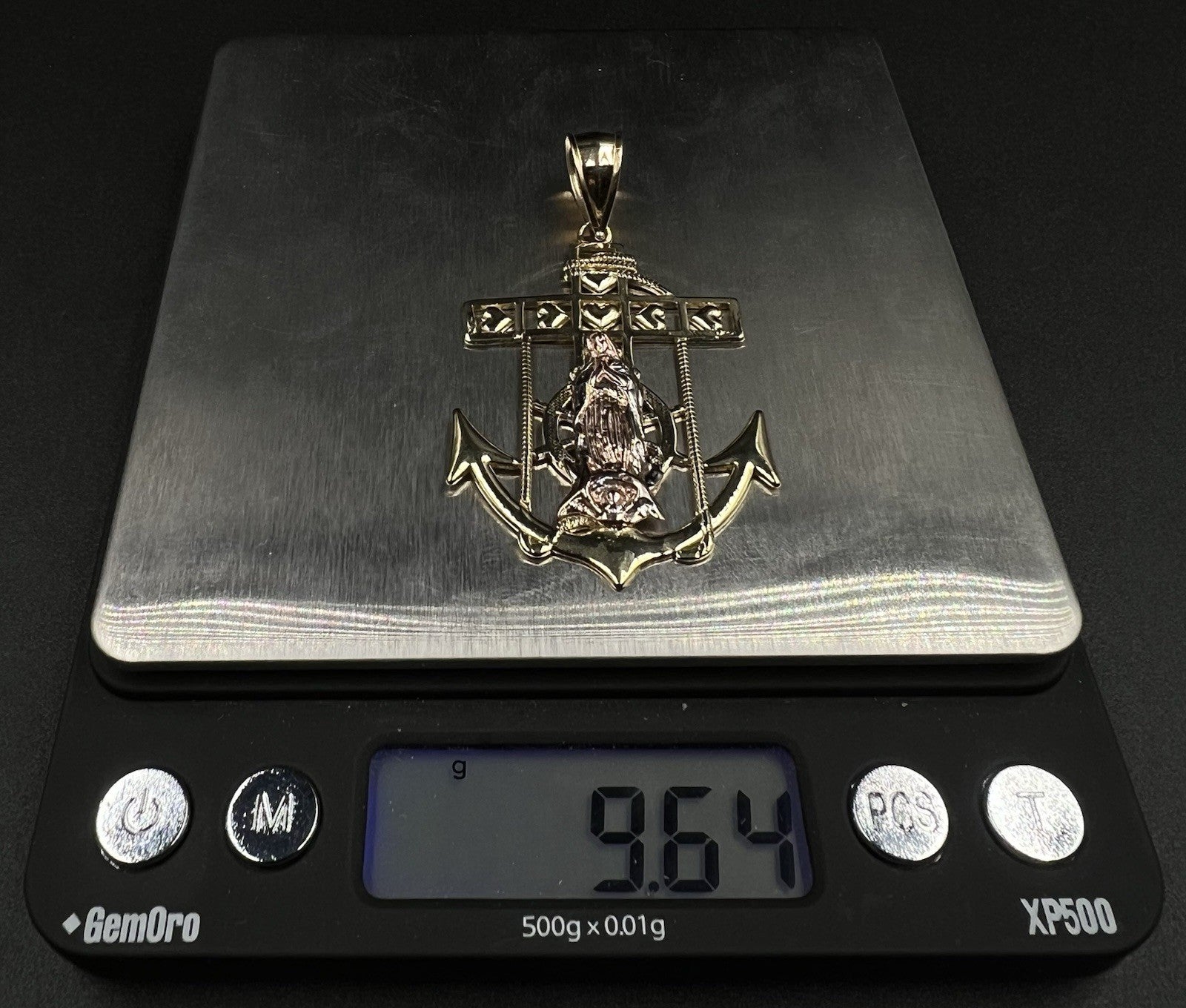 2.36” x 1.42” 10K SemiSolid Tri-Tone Gold Virgin Mary Anchor Cross Pendant 9.62g
