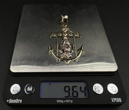2.36” x 1.42” 10K SemiSolid Tri-Tone Gold Virgin Mary Anchor Cross Pendant 9.62g