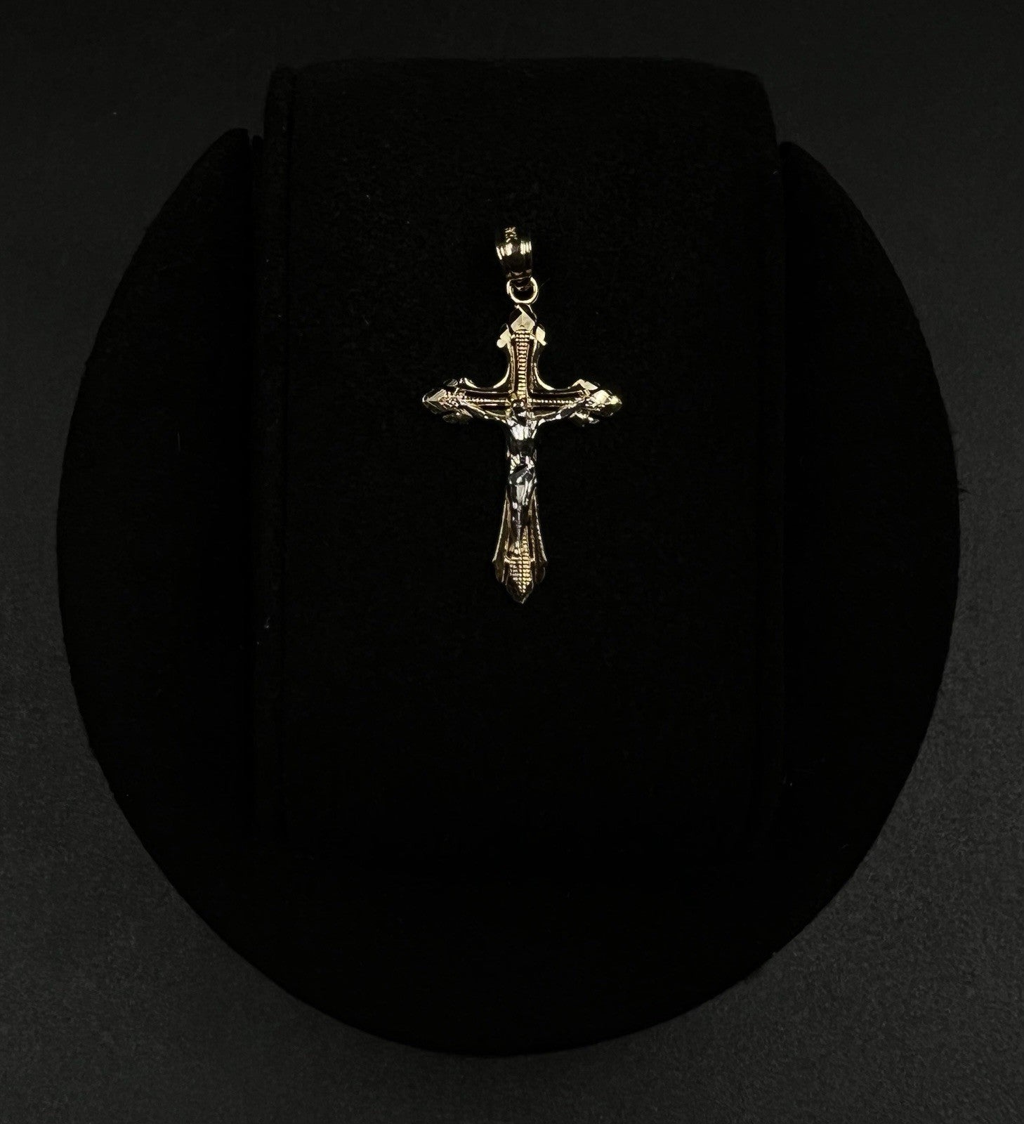 .61” x 1.17” 14K Solid Two-Tone Gold Crucifix Pendant | .91g | 3.5mm Bail |