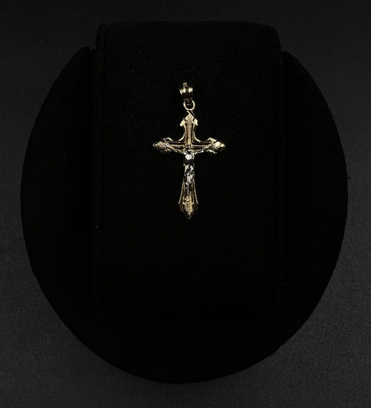 .61” x 1.17” 14K Solid Two-Tone Gold Crucifix Pendant | .91g | 3.5mm Bail |