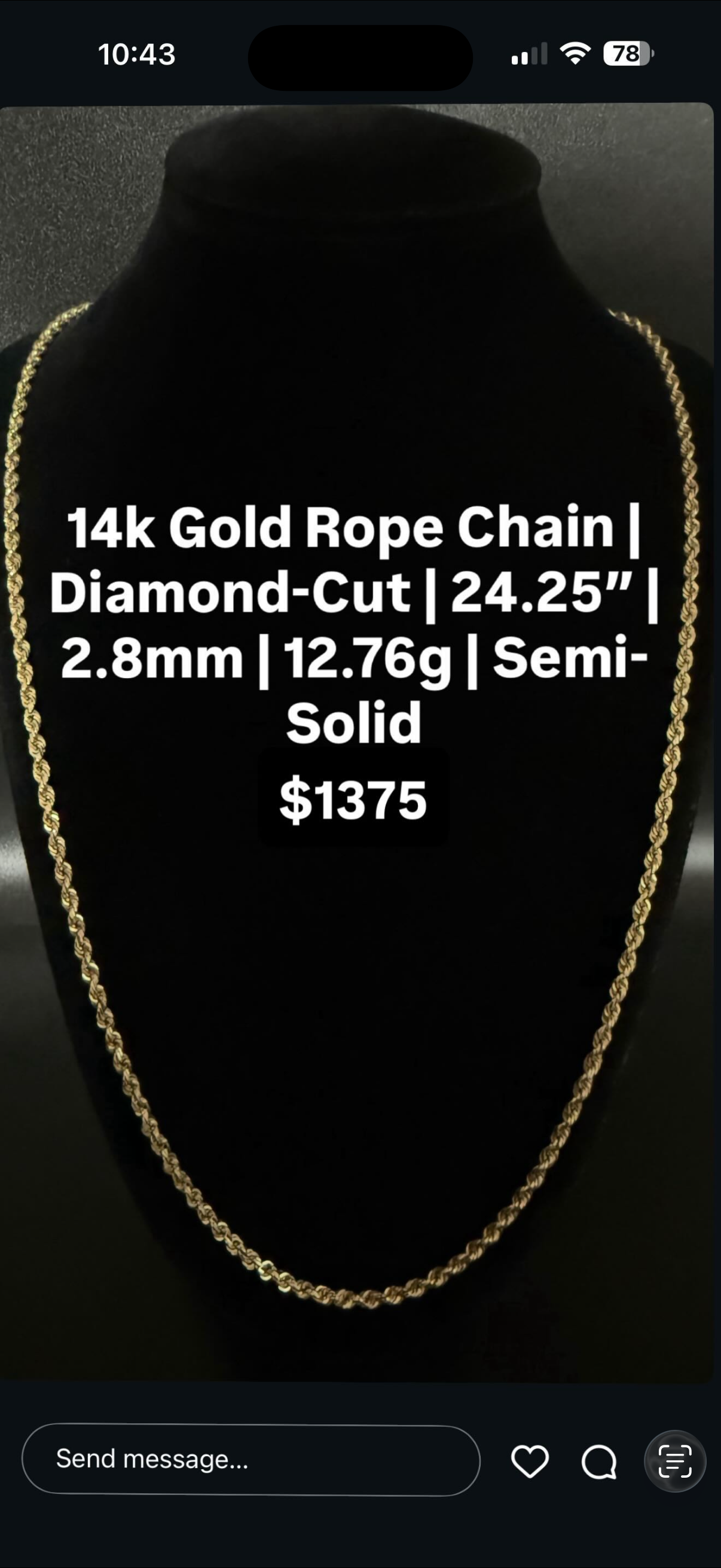 24.25” 14k gold rope chain 12.67g | 14k gold crucifix pendant 3.24g