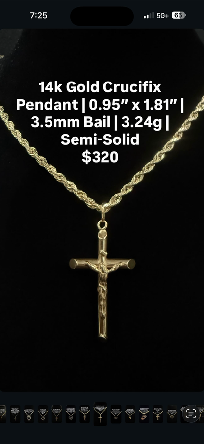 24.25” 14k gold rope chain 12.67g | 14k gold crucifix pendant 3.24g